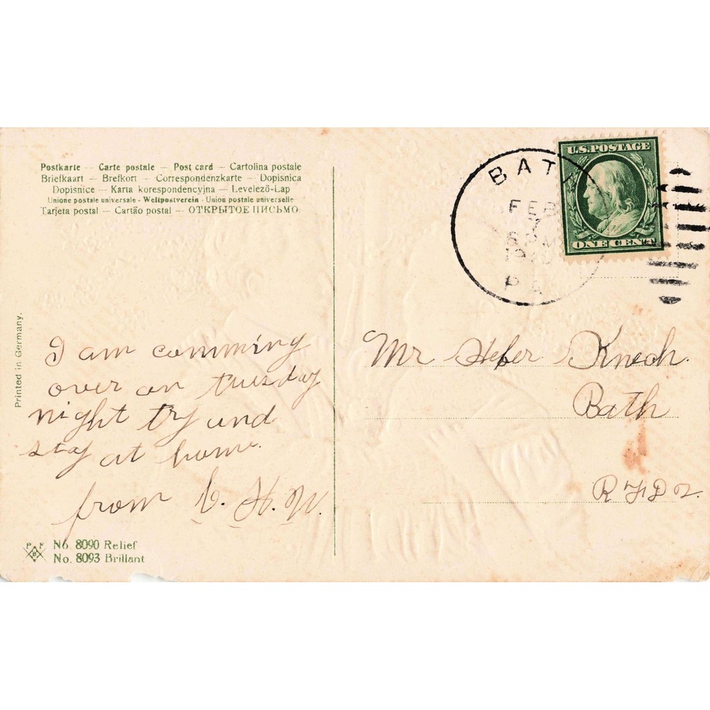 Antique Romantic Couple Embracing Poem Postcard 1910 Bath PA Postmark Embossed - Picture 2 of 2